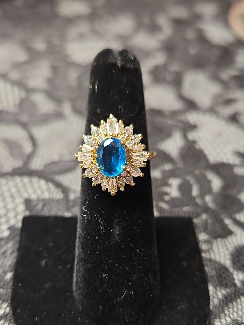 Blue Oval Halo Cocktail Ring in Gold Adjustable